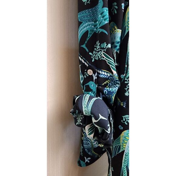 ANN TAYLOR LOFT PEACOCK PRINT SCOOP NECK LONG SLEEVE BLOUSE TEAL/BLACK SMALL - Picture 7 of 9